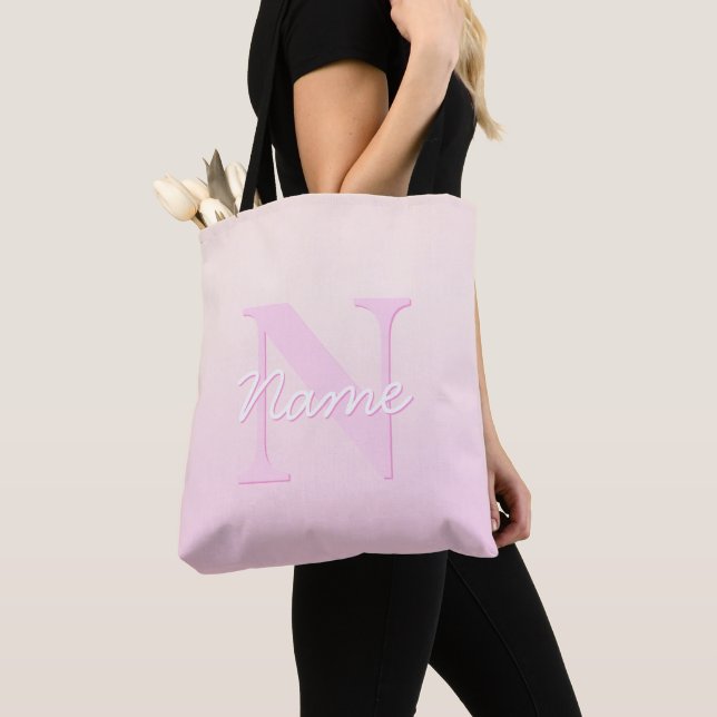 Cute Customisable Monogram | Peach & Pink Ombre Tote Bag (Close Up)