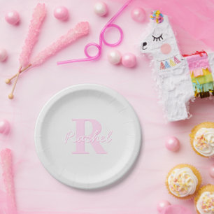 Cute Customisable Monogram   Pink Ombre & Grey Paper Plate