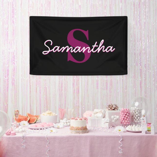 Cute Customisable Pink & Black Monogram Script Banner (Party)
