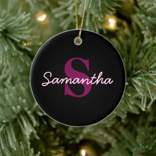 Cute Customisable Pink & Black Monogram Script Ceramic Tree Decoration