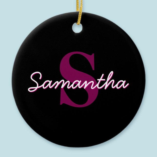 Cute Customisable Pink & Black Monogram Script Ceramic Tree Decoration (Creator Uploaded)