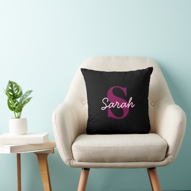 Cute Customisable Pink & Black Monogram Script Cushion (Chair)