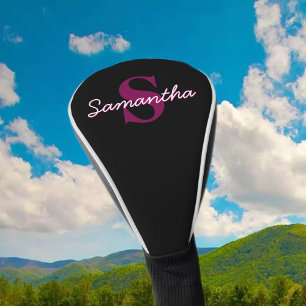 Cute Customisable Pink & Black Monogram Script Golf Head Cover