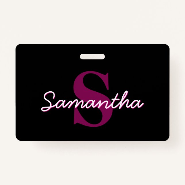 Cute Customisable Pink & Black Monogram Script ID Badge (Front)