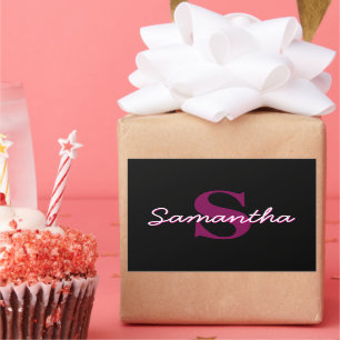 Cute Customisable Pink & Black Monogram Script Rectangular Sticker