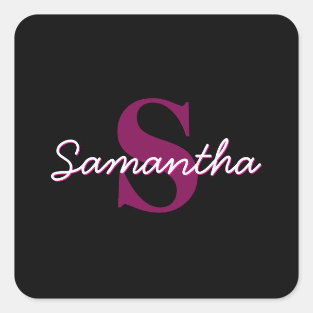 Cute Customisable Pink & Black Monogram Script Square Sticker (Front)