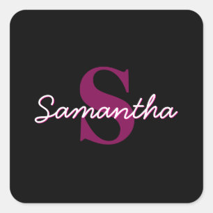 Cute Customisable Pink & Black Monogram Script Square Sticker