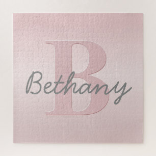 Cute Customisable Pink Monogram & Your Name Script Jigsaw Puzzle