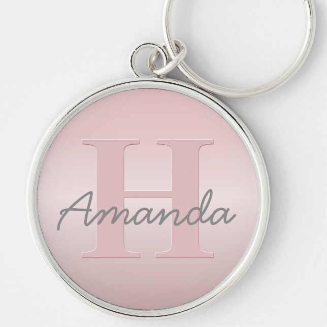 Cute Customisable Pink Monogram & Your Name Script Key Ring (Front)