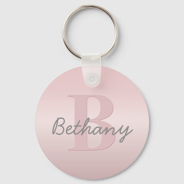 Cute Customisable Pink Monogram & Your Name Script Key Ring (Front)