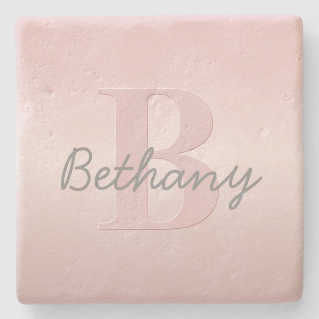 Cute Customisable Pink Monogram & Your Name Script Stone Coaster (Front)