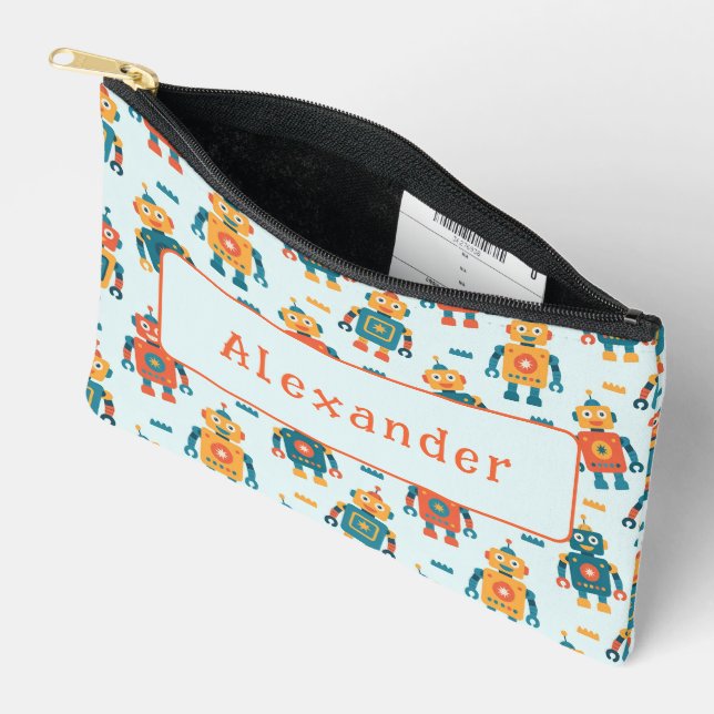 Cute Customisable Robot Print Accessory Pouch (Open)