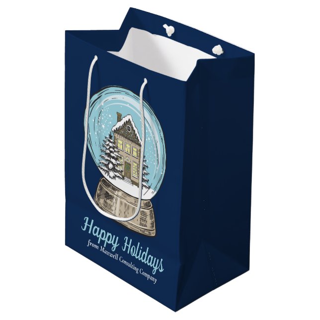 Cute Customised Christmas Snow Globe Navy Blue Medium Gift Bag (Front Angled)