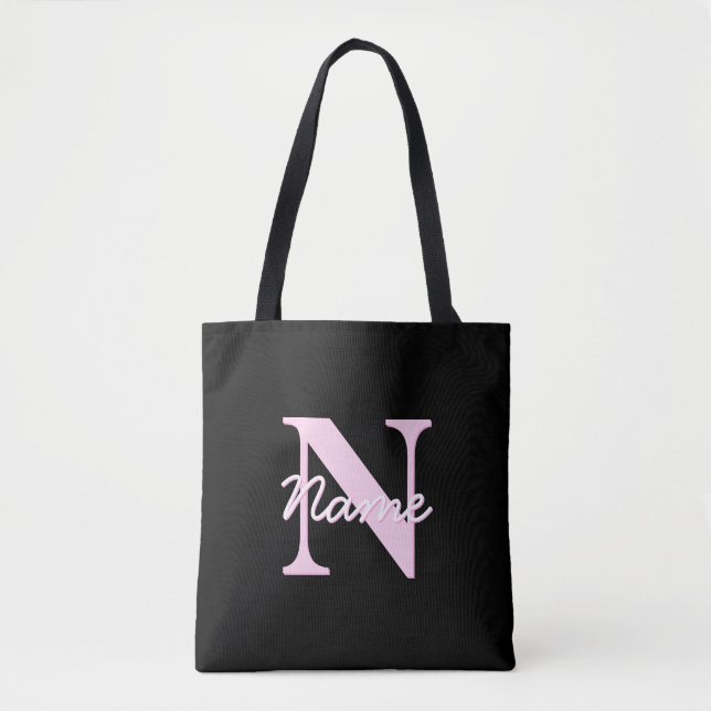 Cute Customizable Monogram | Light Pink & Black Tote Bag (Front)