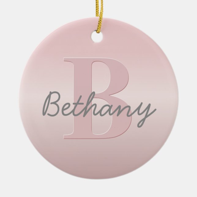 Cute Customizable Pink Monogram & Your Name Script Ceramic Tree Decoration (Front)