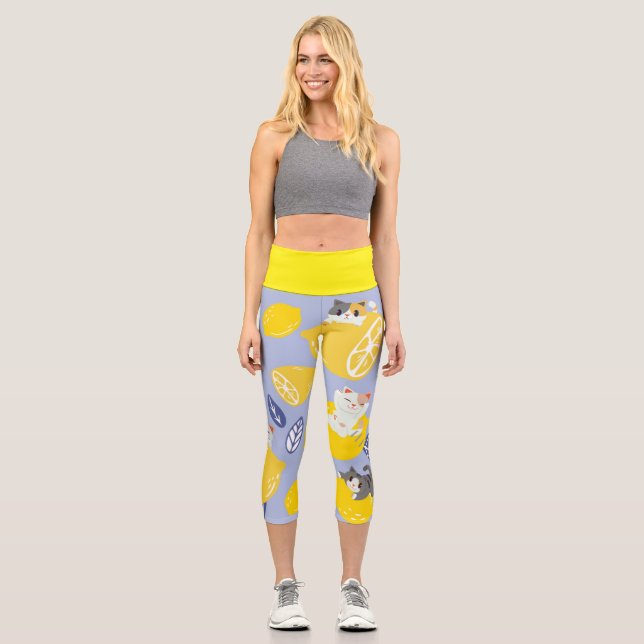 Cute Cut Lemons And Cats Capri Leggings (Front)