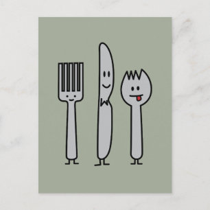 Cute Cutlery Utensils Fork Knife Spork Spoon Happy Postcard