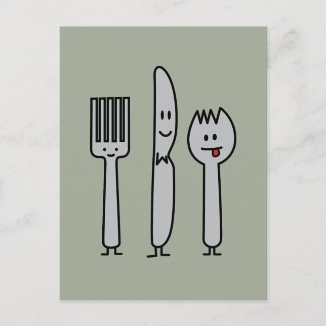 Cute Cutlery Utensils Fork Knife Spork Spoon Happy Postcard (Front)