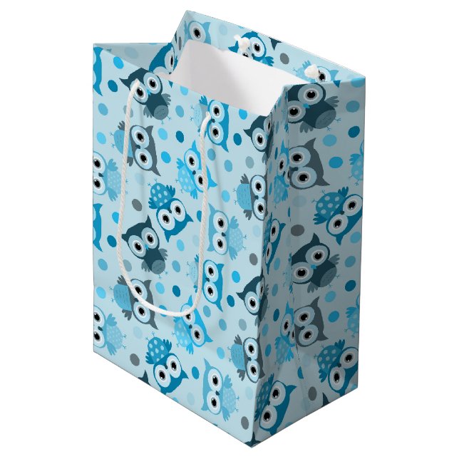 Cute cyan colourful owl pattern medium gift bag (Front Angled)