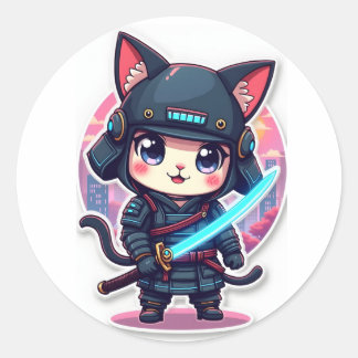 Cute Cyber Samurai Cat Anime Sticker for Laptop |