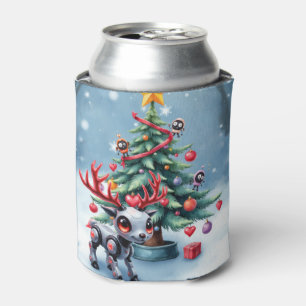 Cute Cyberpunk Reindeer with Christmas Tree Can Cooler