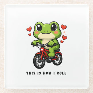Cute Cycling Frog | Kawaii Frog Bicycle Art Glass Coaster