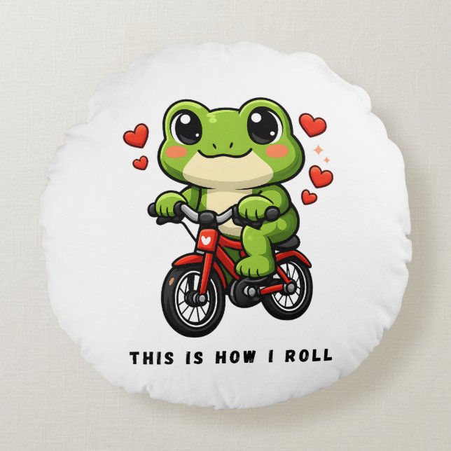 Cute Cycling Frog | Kawaii Frog Bicycle Art Round Cushion (Front)