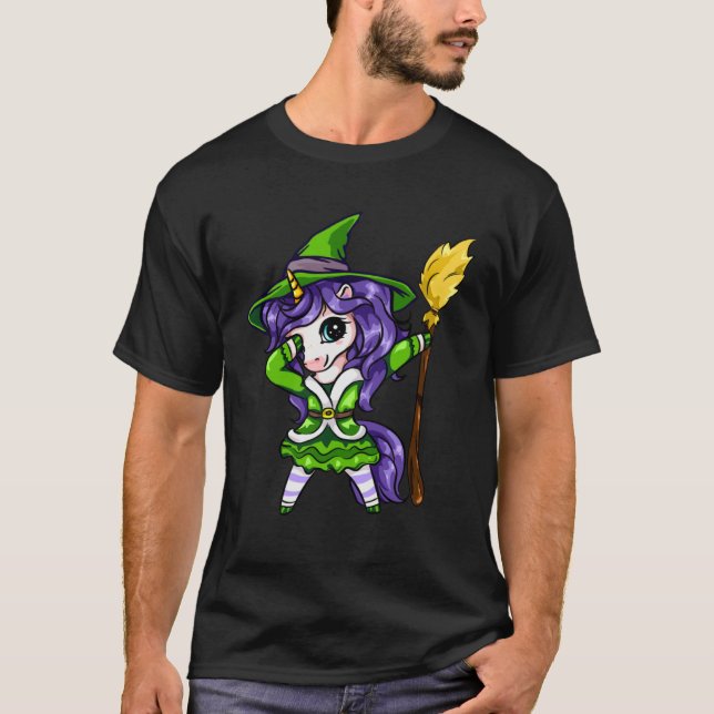 Cute Dabbing Unicorn Girl Witch With Broom Hallowe T-Shirt (Front)