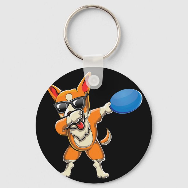 Cute Dabbing Welsh Corgi Cattle Herding Dog Disc G Key Ring (Front)