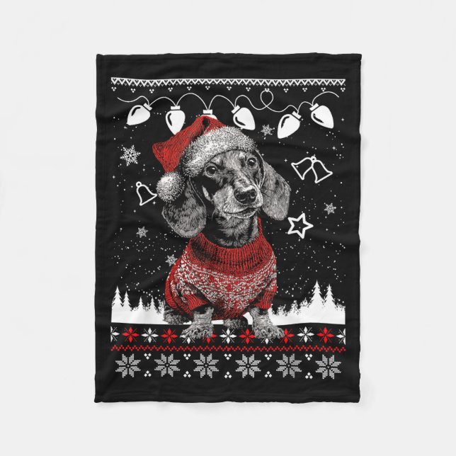 Cute Dachshund Christmas Wearing Sweater Funny Xma Fleece Blanket (Front)