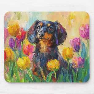 Cute Dachshund Colourful Tulips Painting Mouse Pad