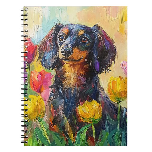 Cute Dachshund Colourful Tulips Painting Notebook (Front)