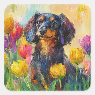 Cute Dachshund Colourful Tulips Painting Square Sticker