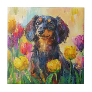 Cute Dachshund Colourful Tulips Painting Tile
