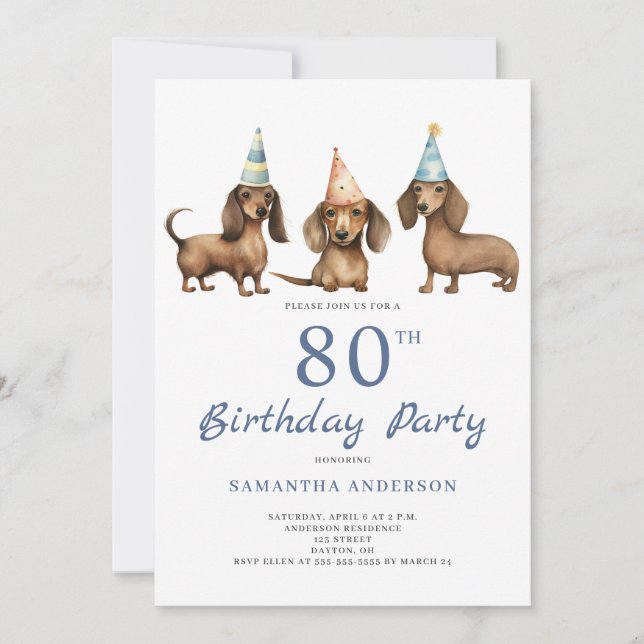 Cute Dachshund Dog 80th Birthday Party  Invitation (Front)