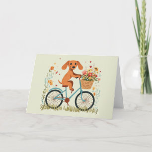 Cute Dachshund Dog Biking Spring Flowers Card