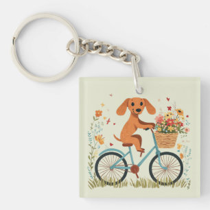 Cute Dachshund Dog Biking Spring Flowers Key Ring
