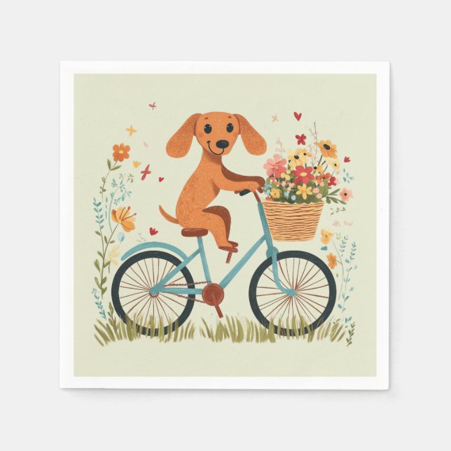 Cute Dachshund Dog Biking Spring Flowers Napkin (Front)
