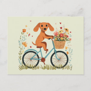 Cute Dachshund Dog Biking Spring Flowers Postcard