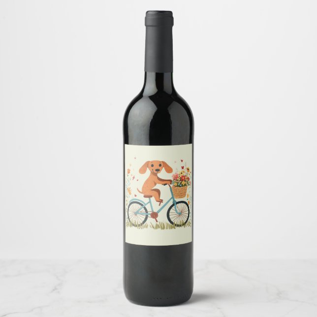 Cute Dachshund Dog Biking Spring Flowers Wine Label (Front)