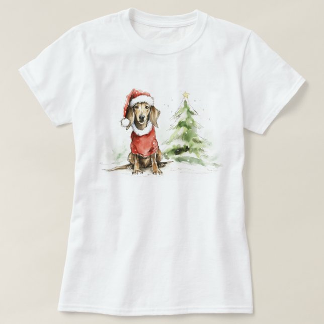 Cute Dachshund Dog Furry and Bright Christmas T-Shirt (Design Front)