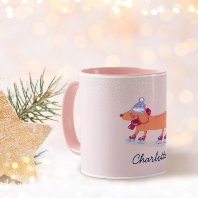 Cute Dachshund Dog Ice Skating Winter Name Mug (Creator Uploaded)