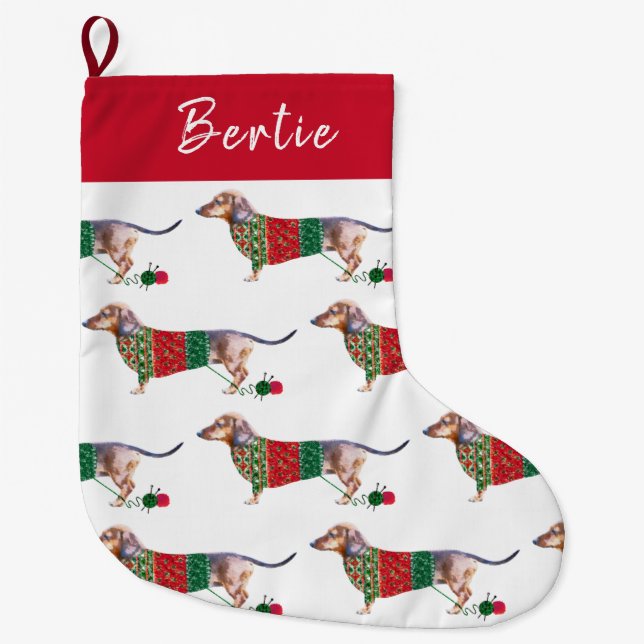 Cute Dachshund Dog in Knitted Christmas Jumper Large Christmas Stocking (Front)