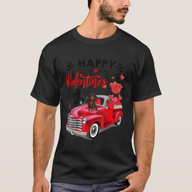 Cute Dachshund Dog Red Truck Happy Valentines Day  T-Shirt (Front)