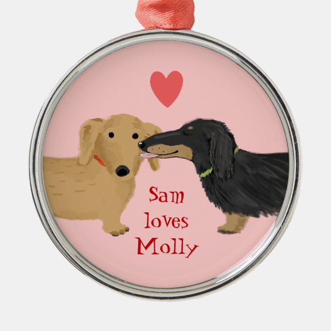 Cute Dachshund Dogs Kiss with Heart Custom Text Metal Tree Decoration (Front)