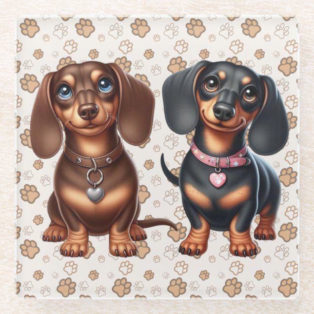 Cute dachshund friends glass coaster (Front)