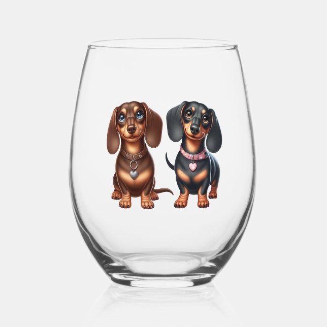 Cute dachshund friends stemless wine glass (Back)