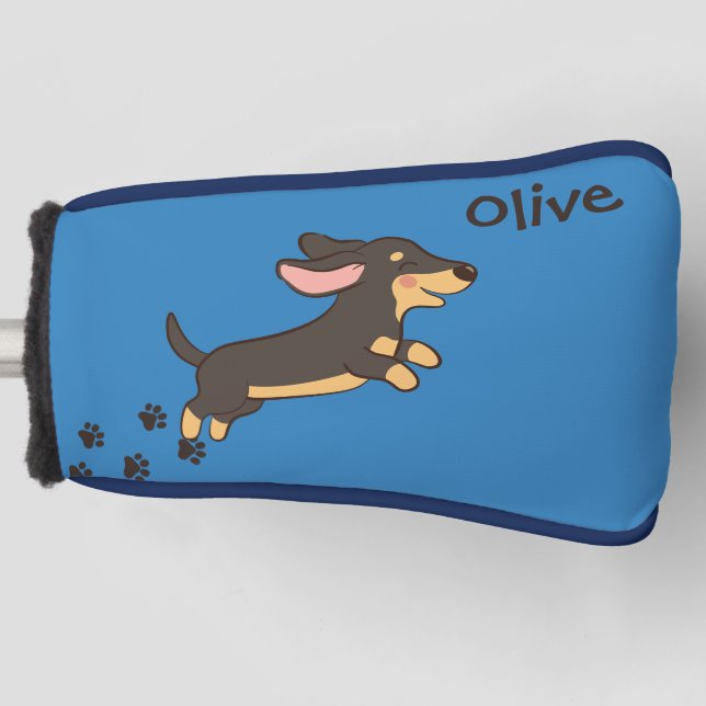 Cute Dachshund Golf Paw Prints Blue with Name Head Cover (Front)