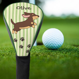 Cute Dachshund Golf Paw Prints Green Stripes with Head Cover