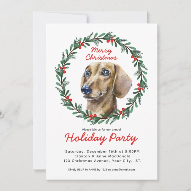 Cute Dachshund Greenery Wreath Christmas Party Invitation (Front)